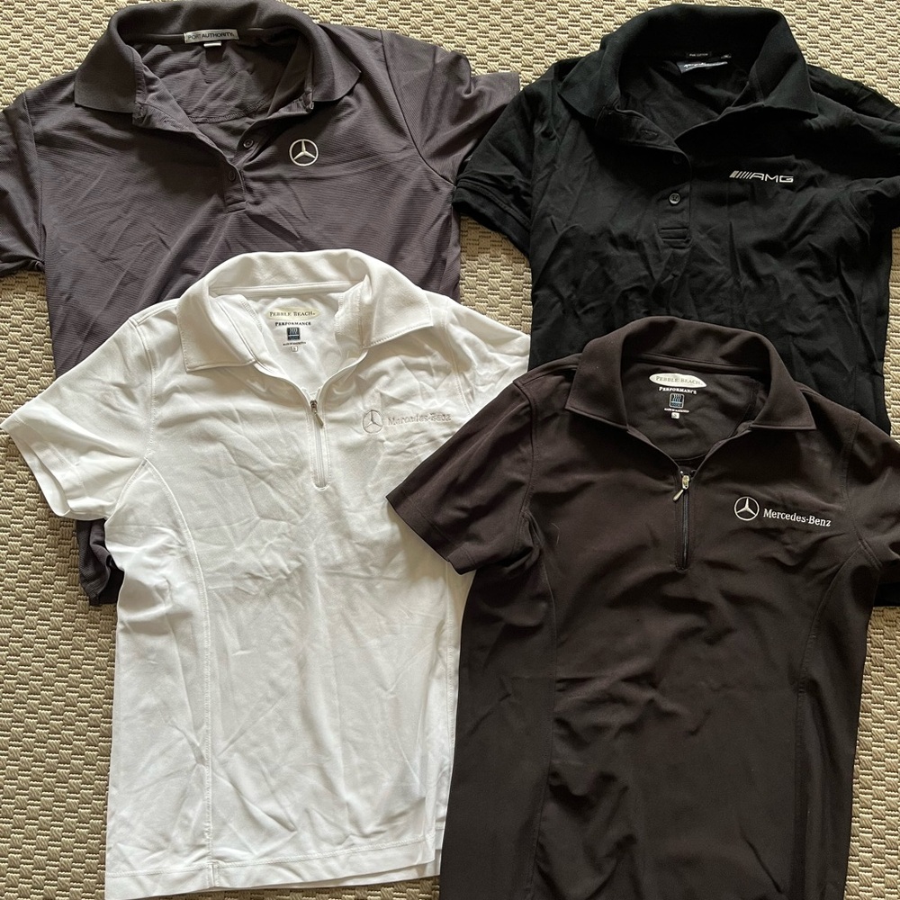 Mercedes Benz and AMG bundle: 4 polo shirts, ladies small, white, gray, black